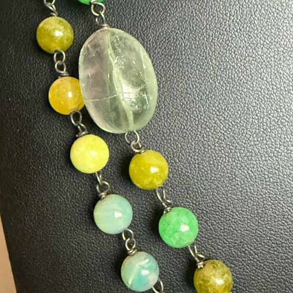 Vintage Rustic Elegant Green and Yellow Beaded Sterling Necklace - Picture 9 of 16